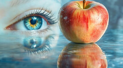 Beautiful blue eye with a vibrant red apple and its reflection in water photo composition