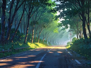 Anime style of urban road with tree and sunlight in the morning