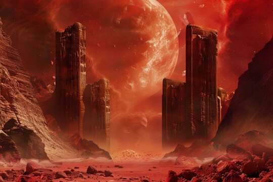 Remnants of ancient civilization stand on a desolate, red planet, beneath a looming celestial body - Powered by Adobe