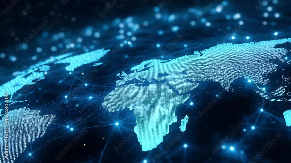 Poster a digital world map illuminated by blue data streams and connections, illustrating global connectivi