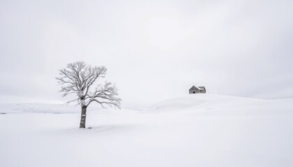 Isolated tree and cabin in a snowy landscape during winter  