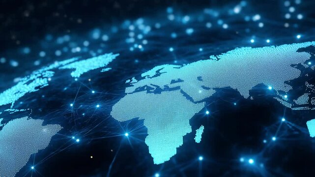 A digital world map illuminated by blue data streams and connections, illustrating global connectivity and information flow - Powered by Adobe
