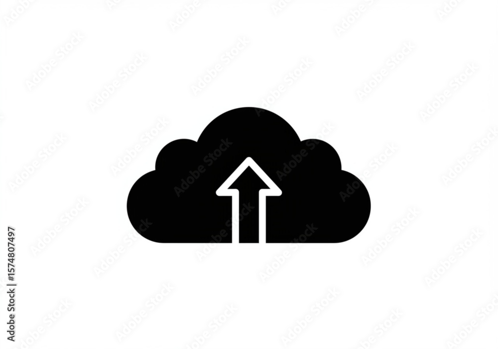 Poster black cloud icon with white upward arrow symbolizing data upload or transfer