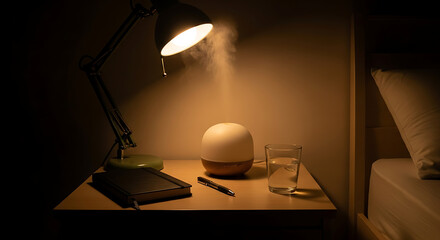 A calming bedside scene with a diffuser emitting a gentle mist under a desk lamp's warm glow.