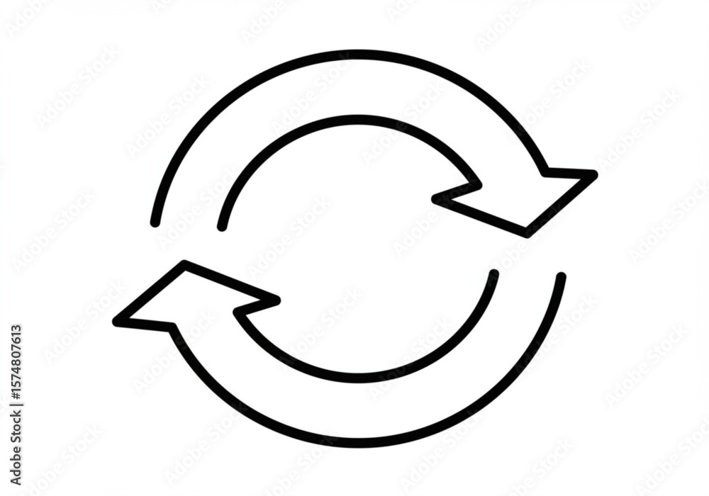Poster simple black outline drawing of two circular arrows indicating a refresh or cycle