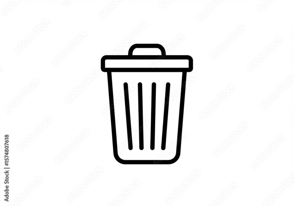 Poster simple black outline icon of a trash can with a lid on a white background