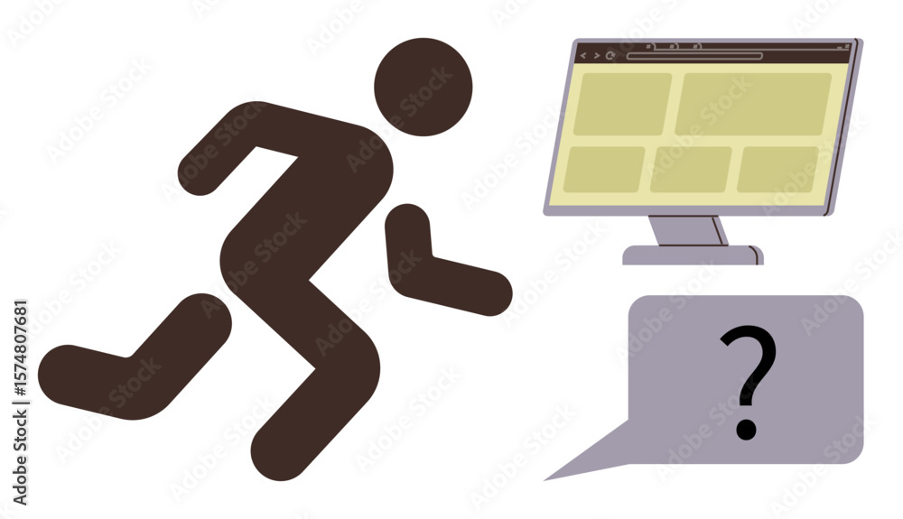 Poster person running alongside a computer monitor with website layout and a question mark inside a speech 