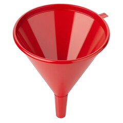 Red plastic funnel presented cleanly on a transparent background for utility and tool visuals