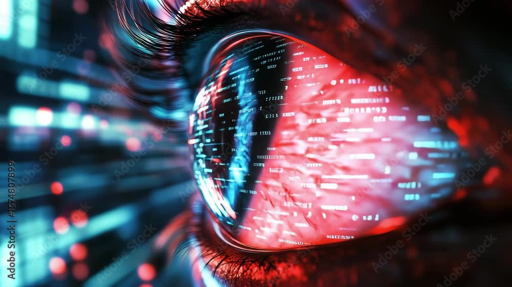 Poster a close up of an eye capturing bright data streams in a digital landscape with dynamic patterns and 