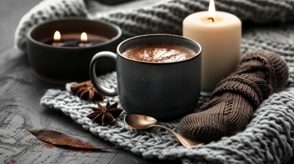Cozy Autumnal Still Life: Hot Chocolate, Candles, and Knitted Blanket for a Relaxing and Warm Atmosphere Perfect for Fall