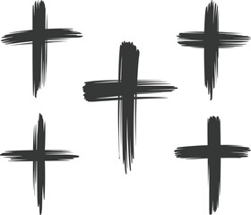 Set of black grunge brush stroke crosses isolated on white background, abstract handmade paint symbols for graphic design elements
