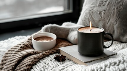Cozy winter scene featuring hot chocolate, candle mug, soft blanket, book, and wool socks by a window evoking relaxation