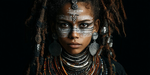 A portrait of a young woman with detailed tribal face paint emphasizing her eyes and forehead, thick dreadlocks adorned with beads, and large earrings and traditional necklace