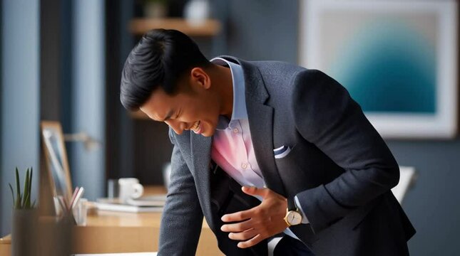 Business executive contemplating strategy, hand on back, thoughtful pose in modern office setting, demonstrating analysis and decision-making.