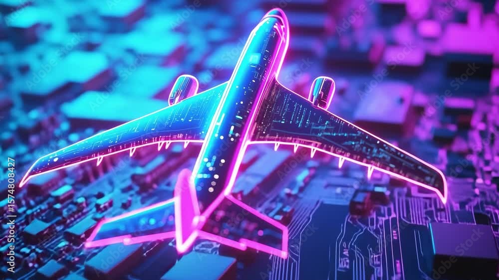 Poster an advanced aircraft model is displayed with neon lights in a dynamic digital landscape, highlightin