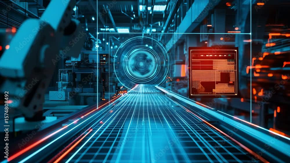 Aufkleber cutting edge automation processes in a futuristic manufacturing facility highlighting digital interf