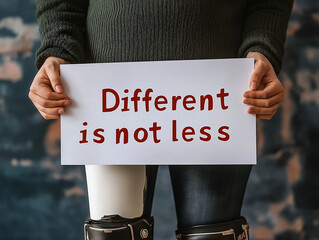 Message of empowerment displayed by individual with a prosthetic leg in a supportive environment