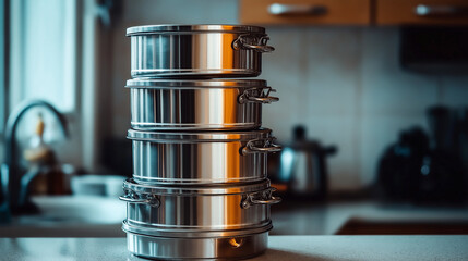 Neatly stacked steel tiffin boxes in a modern kitchen on a sunny day