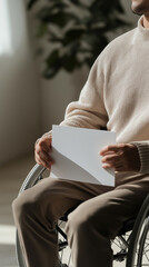 Individual in wheelchair holds blank paper in well-lit indoor space during daytime