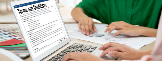 Digital legal contract provide terms and conditions document on computer screen ready for online...