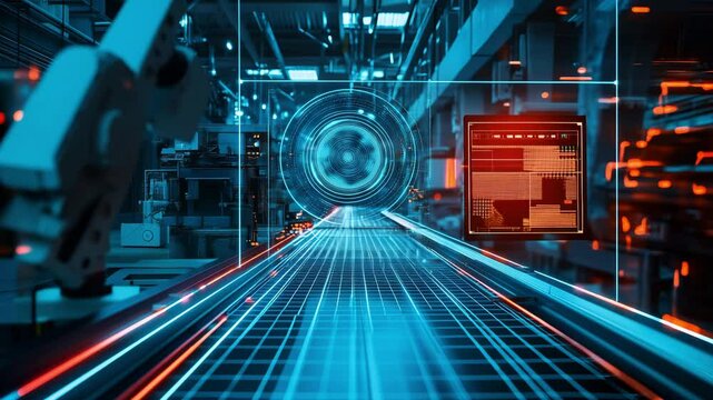 Cutting edge automation processes in a futuristic manufacturing facility highlighting digital interfaces and robotic systems