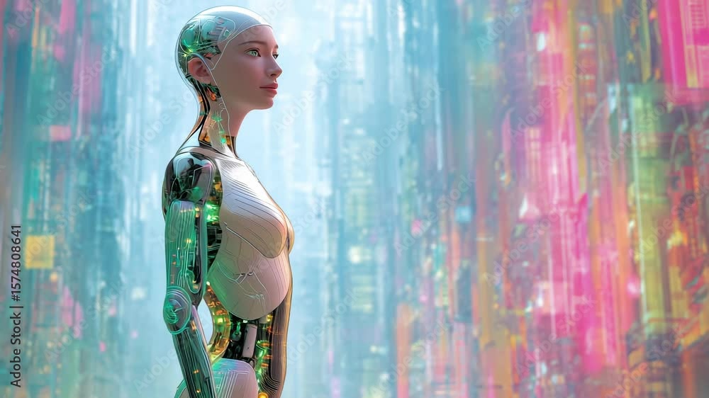 Poster a humanoid robot stands in a dynamic urban environment with colorful neon lights illuminating the su