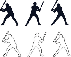 Silhouette and outline vector icon set of a baseball player with a bat, in black, for team branding and icons.