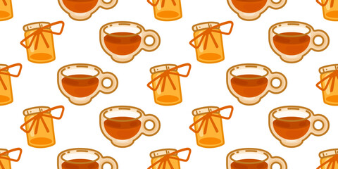 Cozy Tea Time Seamless Pattern. Cartoon tea cups and honey jars repeating on a white background. Flat warm-toned pattern with cozy, comforting atmosphere for autumn or winter themes.