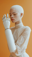 Young person with prosthetic arm poses gracefully against an orange background