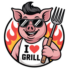 Cool cartoon pig with sunglasses and barbecue fork loves grilling