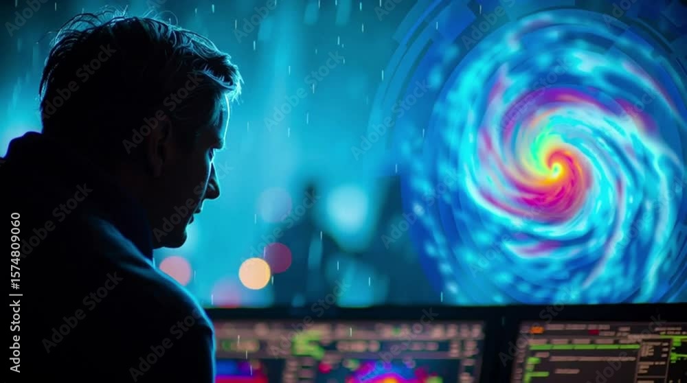 Poster man's silhouette concentrating on complex data visualization screen - technology, innovation, and an