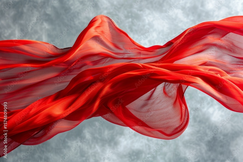 Poster smooth, elegant red fabric flowing and fluttering against a gray cloudy background, creating an abst