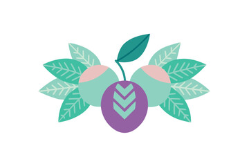 Plum And Mint Leaves With Tribal Boho Patterns In Seamless Style