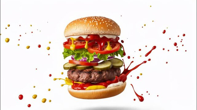 Juicy hamburger with flying ingredients&mdash;beef patty, lettuce, tomato, onion, pickles, sauces, and sesame bun&mdash;isolated on white, creative food concept.