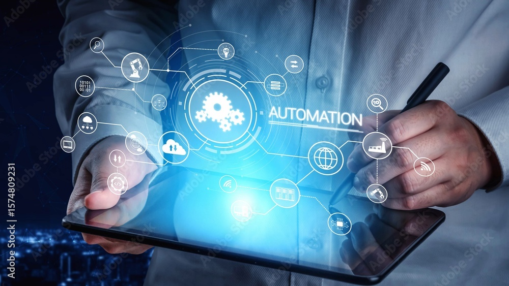 Poster modern automation drives workflow efficiency by connecting systems, people, and data. with intellige