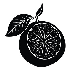 Tangerine Slice Silhouette with Single Leaf Black Graphic Element Design