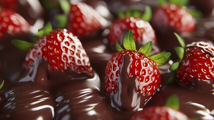 Close-up photo of delicious fresh strawberries dipped in rich, melted dark chocolate for dessert.
