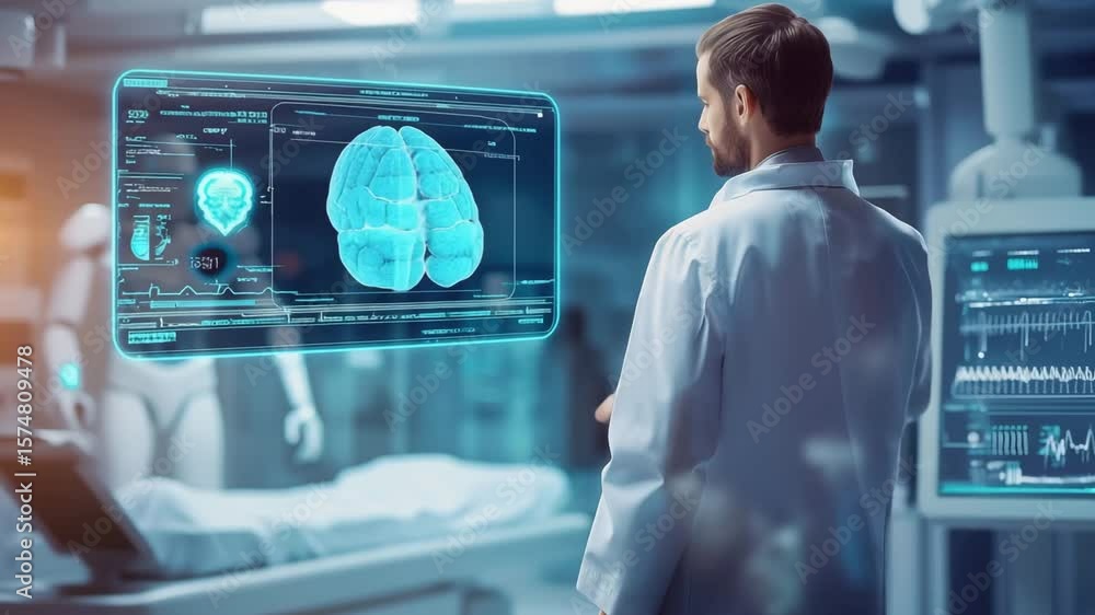 Poster a medical expert observes brain patterns on a holographic display while conducting research in a hig