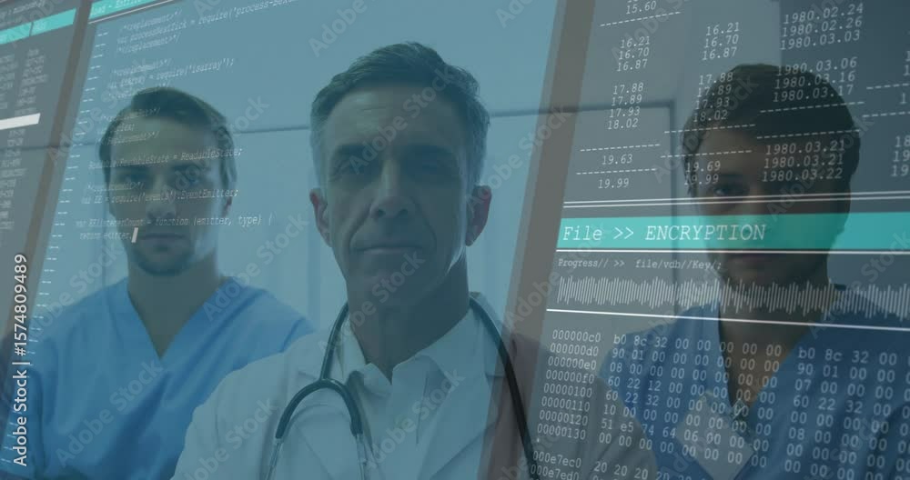 Poster three medical staff monitoring glitch lines generating encryption overlay protecting patient data