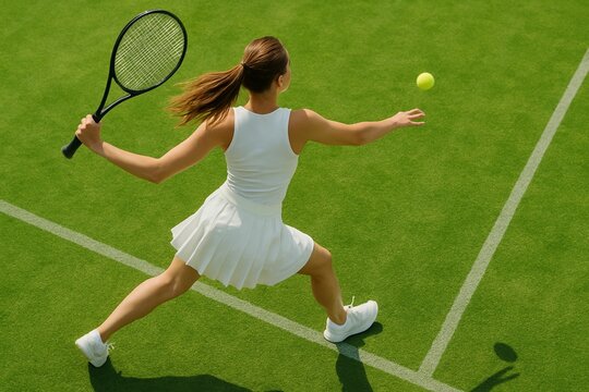 Female Tennis Player Mid Swing on Grass Court