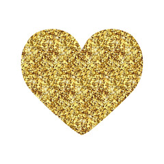 Isolated single Golden glitter shimmer luxury heart. Shiny romance Happy Valentines Day icon. Gold sand award sticker. VIP premium design element. Magical tag for card, invitation. Vector illustration