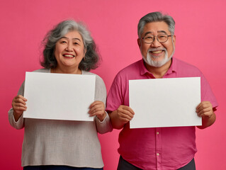Elderly couple posing with blank signs against a pink backdrop in a cheerful setting