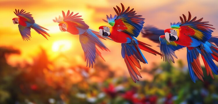 A vibrant flock of parrots soars through the golden sunset sky, spreading color and energy above a lush tropical paradise.










