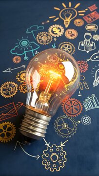 Illuminated incandescent bulb; gears, innovative ideas, strategic planning, business solutions, creative process, brainstorming concept.