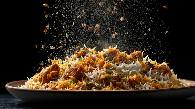 Close up shot of chicken biryani on a plate with spices falling against a dark background studio shot