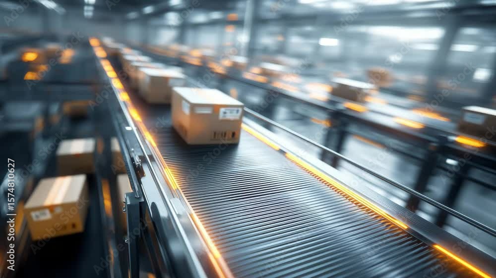 Aufkleber packages move efficiently along a conveyor belt in an advanced distribution facility with automated 
