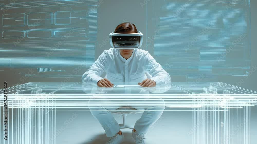 Poster man in white clothes engages with immersive virtual reality technology while seated at a futuristic 