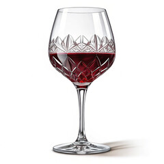 "Elegant Crystal Wine Glass with Red Wine and Intricate Cut Design"

