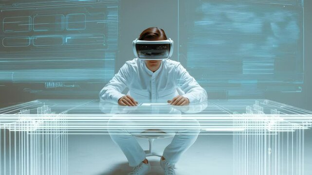 Man in white clothes engages with immersive virtual reality technology while seated at a futuristic transparent desk in a high tech environment