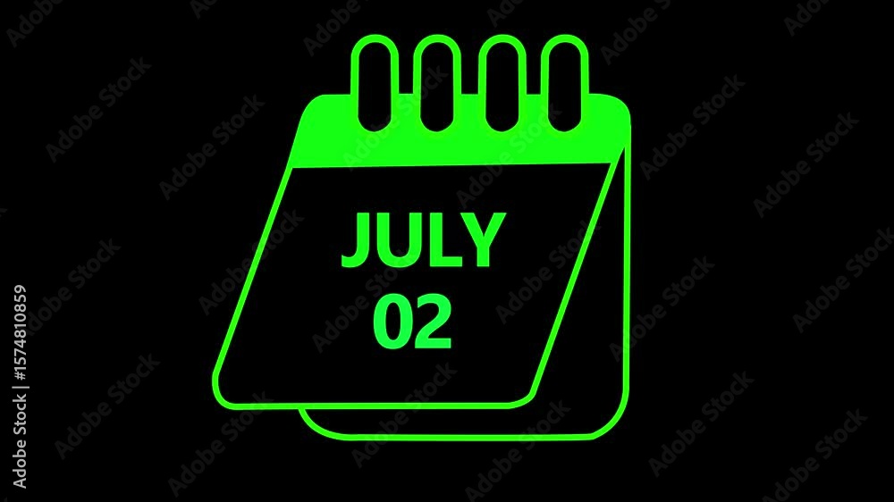 Poster 02 july month calendar with time symbol. simple calendar icon animation and date change calendar pen
